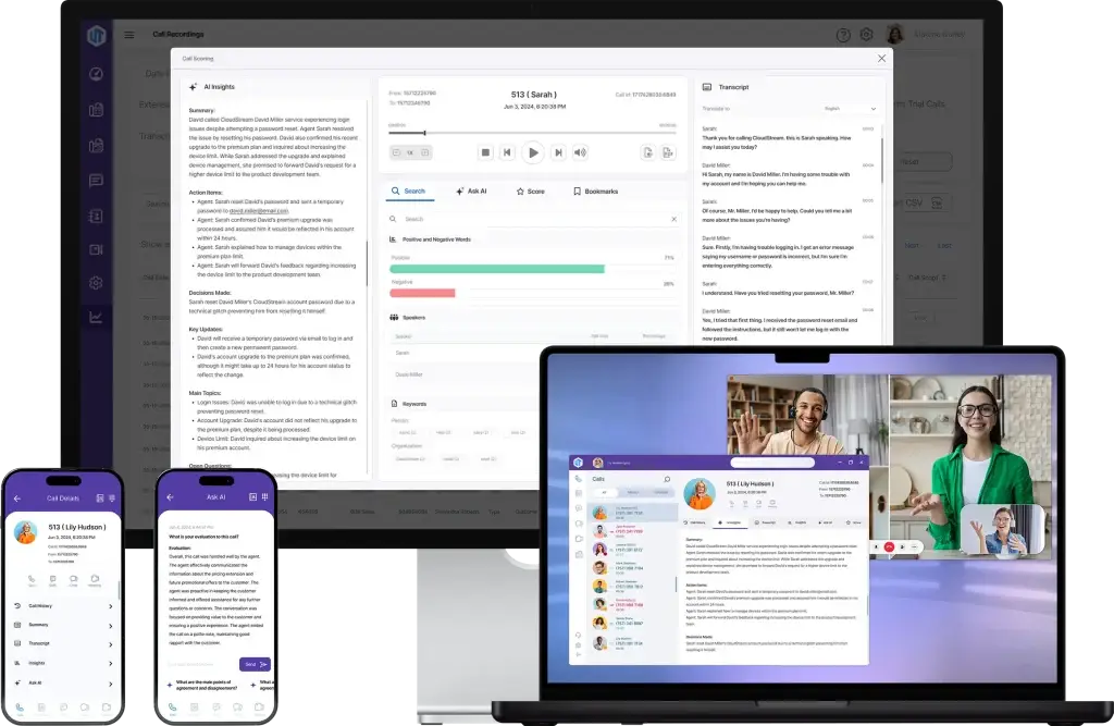 Ultatel AI Driven feature, Ultatel MyService dashboard, Ultatel Hub app on mobile screenshots showing the Ask AI page, AI insights and AI dashboard